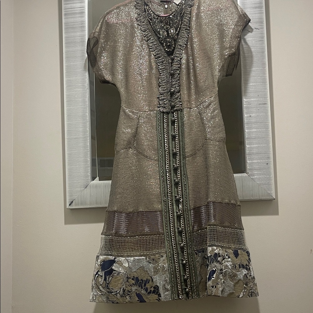 Byron Lars Metallic Midi Dress with Floral Accents